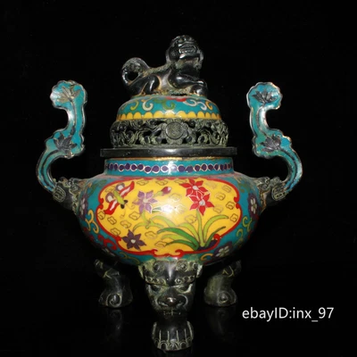 Quemador de incienso de león de tres patas Cloisonne de cobre puro colección China de 10,4" Foto 1 de 4