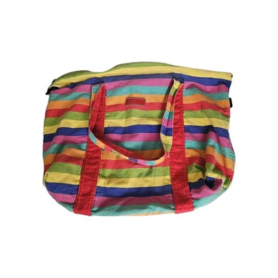 Vintage Y2K Esprit Cotton Cloth Bold Striped Rainbow Colored Zip Tote Bag Mexico - Image 1 of 4