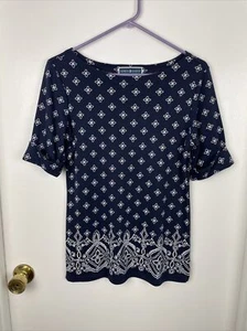 Karen Scott kurzärmelige Damenbluse Gr. S marineblau & weiß Baumwolle Polyester - Bild 1 von 7