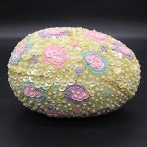VTG Beaded Sequins Easter Egg Trinket/Gift/Candy Box Pastel Pink Yellow 5" x 3" - Picture 1 of 11