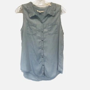 Lauren Conrad Womens Blouse Size M Medium Blue Chambray Button Front Sleeveless - Picture 1 of 5