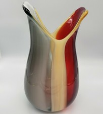 Hand Crafted Studio Art Glass Vase 12.75" Red Cream Gray