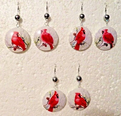 Male Cardinal Earrings Winter Scene 3 1/4" Hook Dangle - Image 1 of 4