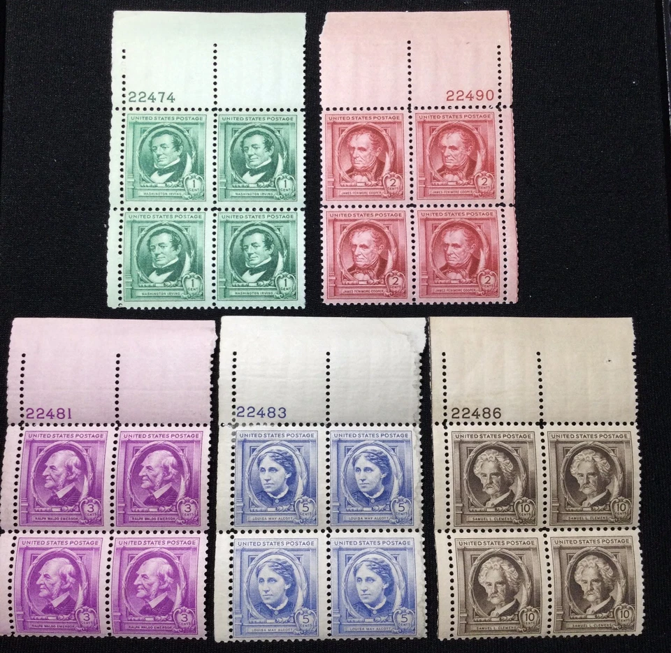 EUA Sc# 859-863 Americanos Famosos - Autores - Conjunto de 5 Blocos de Placa Perfeitos MH - Imagem 1 de 4