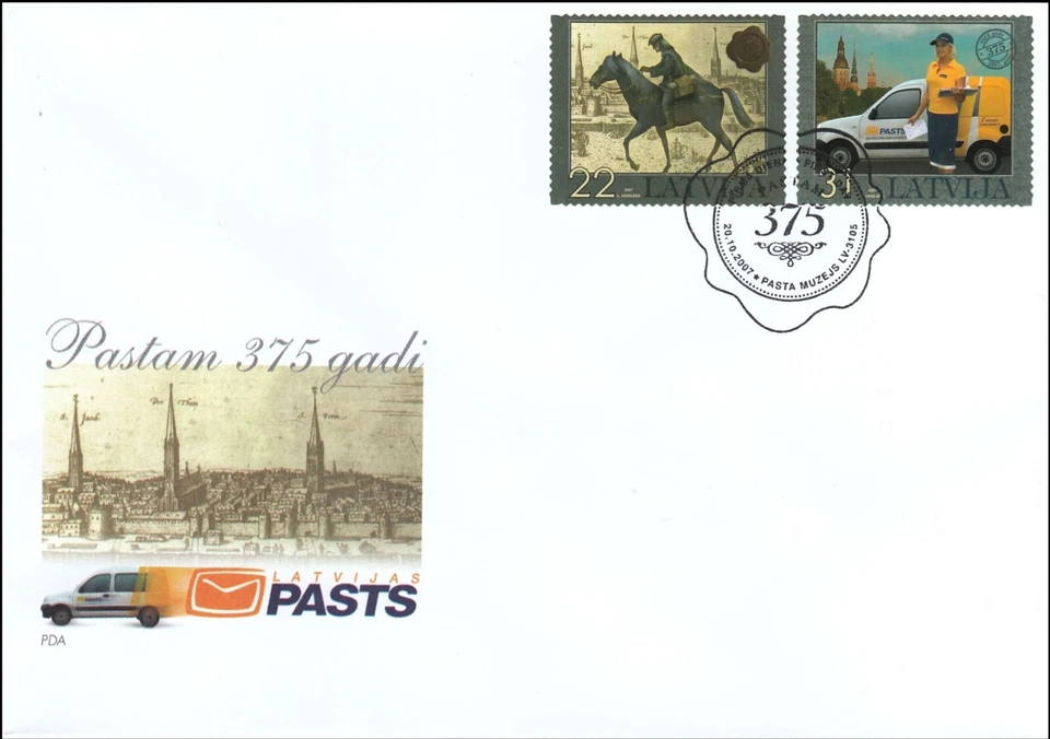 375 Years of Mail Delivery From Riding to an Electric Car Latvia Baltic FDC 2007 - Image 1 of 1