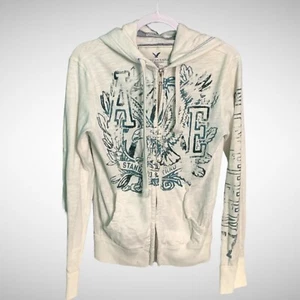 American Eagle Full Zip Jacket Women’s XS Y2K White Eagle print Pre Owned Hoodie - Picture 1 of 8