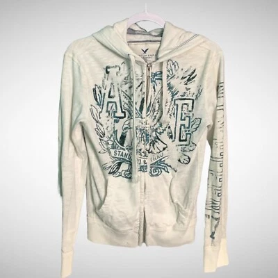 Chaqueta con cremallera completa American Eagle para mujer XS Y2K blanca estampado de águila sudadera con capucha usada Foto 1 de 4