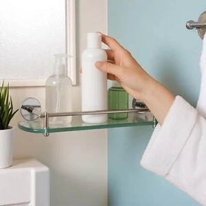 Modern Bathroom Shower Shelf Storage Rack Wall Mounted 7mm Thick Tempered Glass - Picture 1 of 4