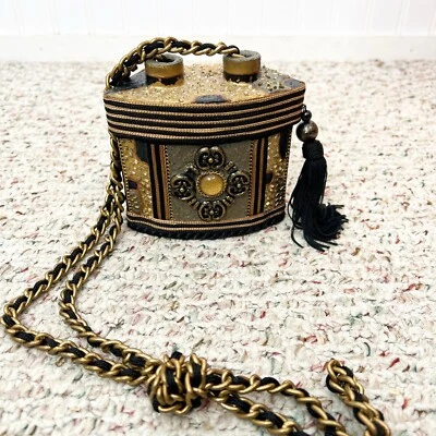 Mary Frances Box Bag Shoulder Purse Egyptian Deco Style Beaded Chain Black Gold - Image 1 of 4