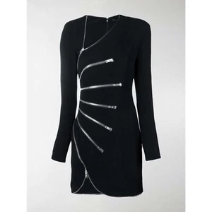 BEULAH Style Zipper Detailed Mini Dress - Black/Silver S - Picture 1 of 7