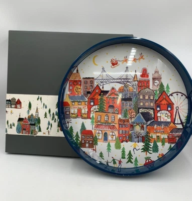 Pottery Barn Christmas In The City Handcrafted Serving Tray Blue 18" Dia #5037D - Image 1 of 4