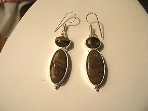 Affascinanti Orecchini Forati Argento Sterling Occhio Tigre (Nuovi) - Foto 1 di 6