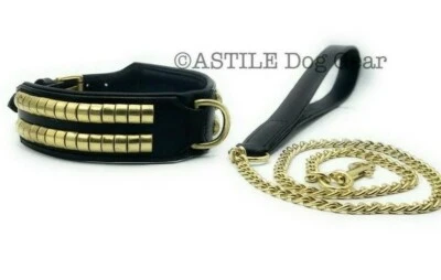 LEATHER GOLD STUDDED DOG COLLAR & CHAIN LEAD SET PADDED STITCHED STRONG COLLAR - Image 1 of 3