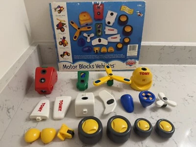 TOMY Preschool Motor Blocks Vehicles, Train, Plane, Race Car, Helicopter 18 Pcs - Image 1 of 4