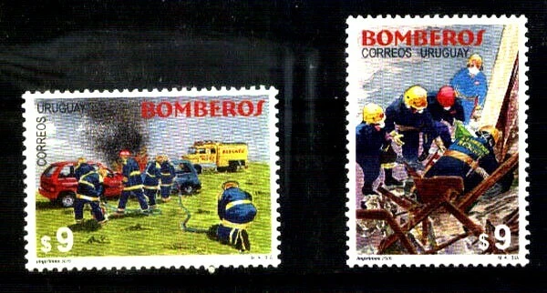 #21018 URUGUAY 1996 FIREMEN OLD FIRETRUCKS SPECIAL TRANSPORT SET YV 1932-3 MNH - Image 1 of 1