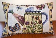 Handsewn Tapestry Decorative Pillow 13"x19" Gardening, Flowers, Butterfles, Bees