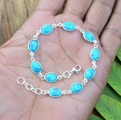 Beautiful Blue Turquoise Oval Gemstone 925 Sterling Silver Adjustable Bracelet - Image 1 of 4