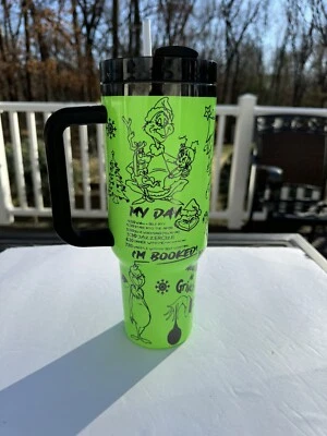 40oz Insulated Christmas Neon Grinch Tumbler Laser Engraved - GRINCH I AM BOOKED - Image 1 of 4
