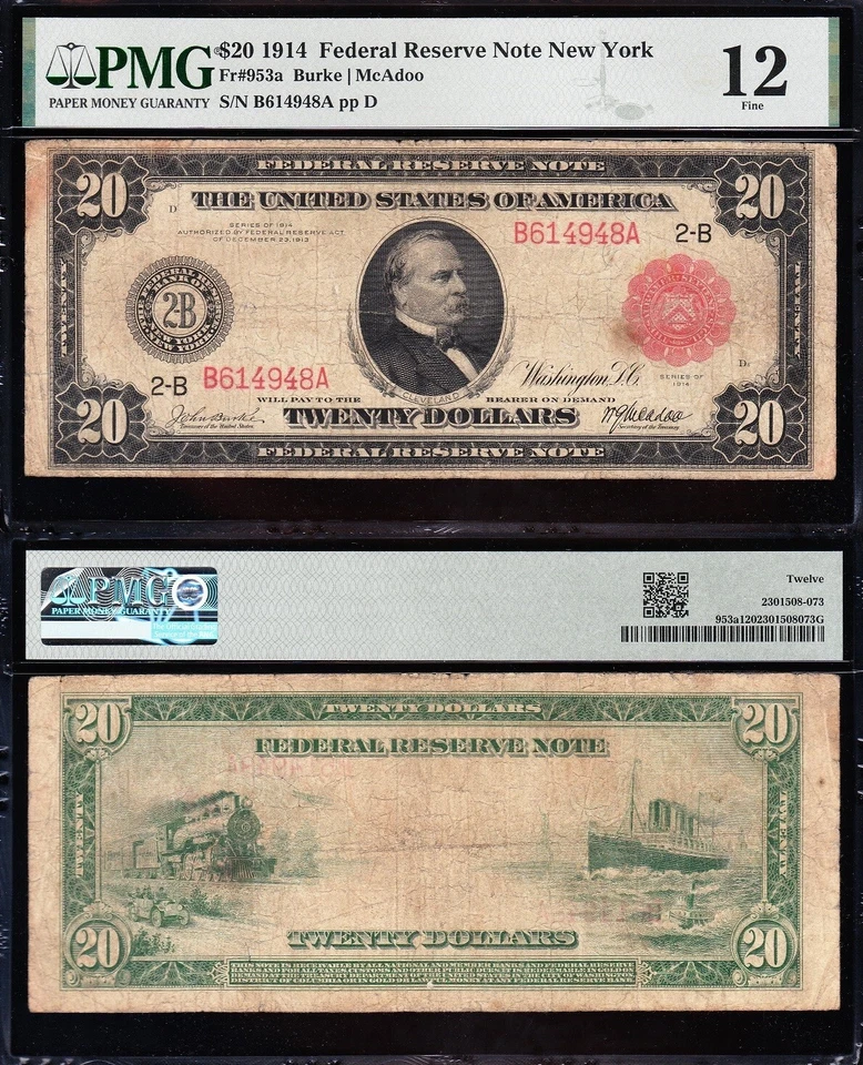 Nice *RARE* 1914 $20 New York "RED SEAL" FRN Note! PMG 12! FREE SHIP! B614948A - Image 1 of 3