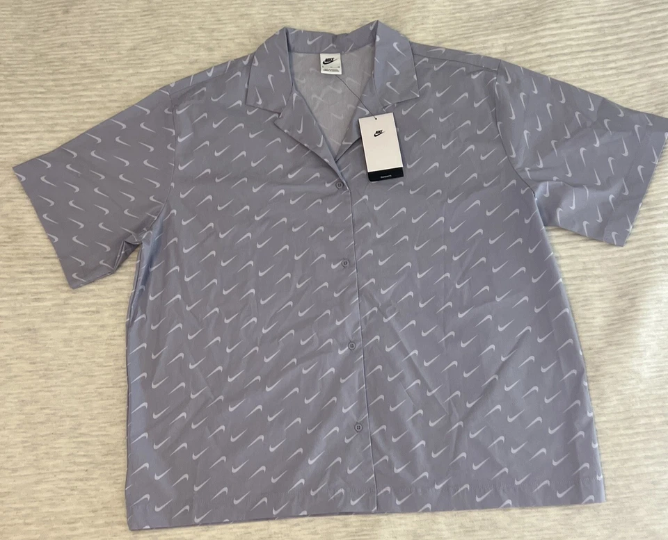 Nike Sportswear Women’s XL Oversized Button Up Short Sleeve Purple Logo All Over