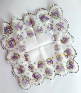 Vintage hankie handkerchief white purple roses chiffon polyester ruffled edge - Picture 1 of 5