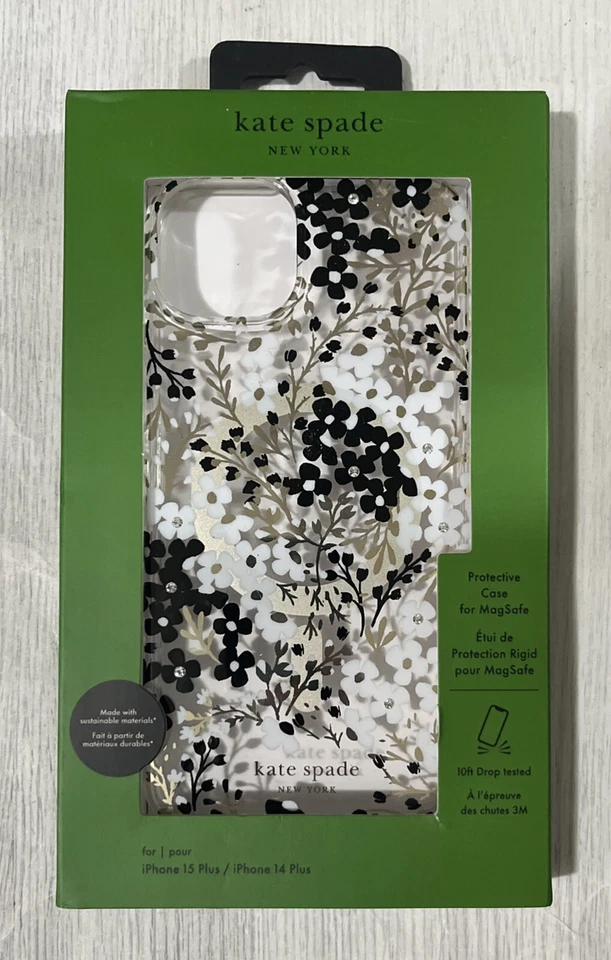 Funda Kate Spade New York MagSafe para iPhone 15 Plus/14 Plus, negra/blanca floral Foto 1 de 1