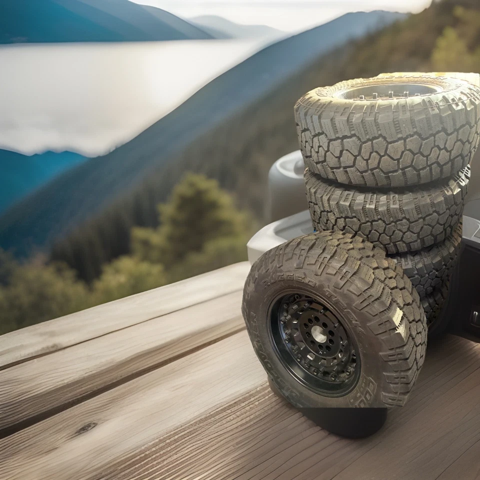 SET OF 5 COOPER DISCOVERER RUGGED TREK TIRES & 5 BLACK RHINO ARESENAL RIMS 17 X - Image 1 of 4