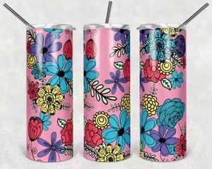 Vaso de metal delgado vintage de 20 OZ con tapa y pajita aspecto retro flores en rosa - Imagen 1 de 1