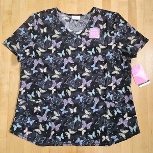 Scrubstar Womens Butterfly Flutters V Neck Scrub Top Sz XL New Stretch Medical - Picture 1 of 16