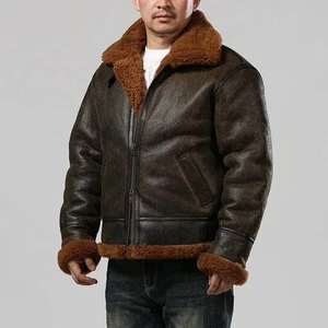 Men’s Real Sheepskin Leather Aviator Bomber Jacket with Faux Shearling Lining | - Picture 1 of 6
