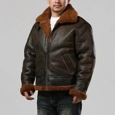 Men’s Real Sheepskin Leather Aviator Bomber Jacket with Faux Shearling Lining | - Image 1 of 4