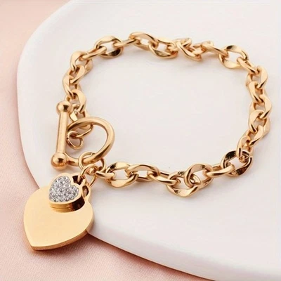 Pulsera colgante de diamantes de imitación con incrustaciones de corazón para mujer hebilla OT titanio acero bracele Foto 1 de 4