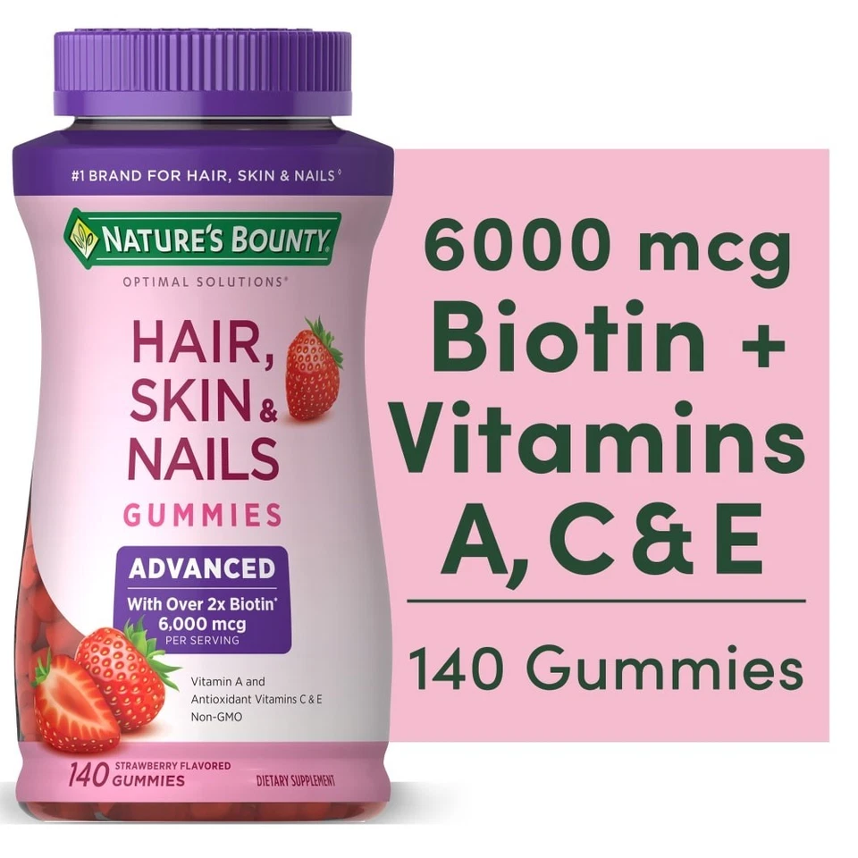 Cabello Piel y Uñas 140 Gomitas 6000mcg Biotina Vitamina C, A E Antioxidante No OGM Foto 1 de 2