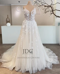 Vestido de novia de encaje con flores 3D vestido de novia 32-60 tirantes marfil talla grande ranura - Imagen 1 de 11