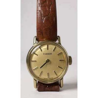 复古天梭金色女式手表棕色皮革表带瑞士制造优雅跑步 — 第 1/4 张图片