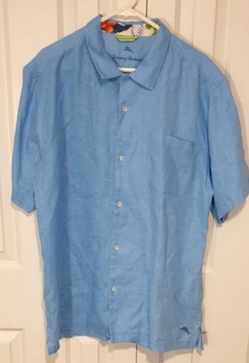 TOMMY BAHAMA Men's Short Sleeve Button-Up 100% Linen Blue Chambray Shirt Size L. - Image 1 of 4