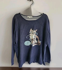 Astrologie XL Navy Blue Thick Comfy Intarsia Cat Kitty Pullover Sweater - Picture 1 of 6
