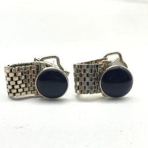 Vintage Gold Tone Mesh Band Cufflinks Mens Black Onyx Round Formal Accessory - Picture 1 of 3