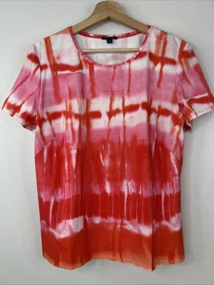 Lafayette 148 Women’s 1X Pink Red Tie Dye Short Sleeve Slim Fit Shirt Top - Image 1 of 4