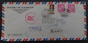 1966 Taiwan Registd Airmail Bank of Taiwan Cover ties 3 stamps to Australia - Picture 1 of 3