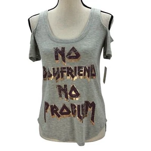 Selfie Women's Short Sleeve Cold Shoulder No Boyfriend No Problem T-Shirt - Grey - Picture 1 of 9