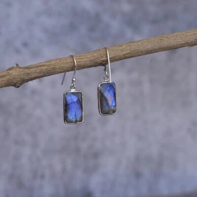 Natural Blue Labradorite Healing Crystal 925 Sterling Silver Handmade Earrings - Image 1 of 4