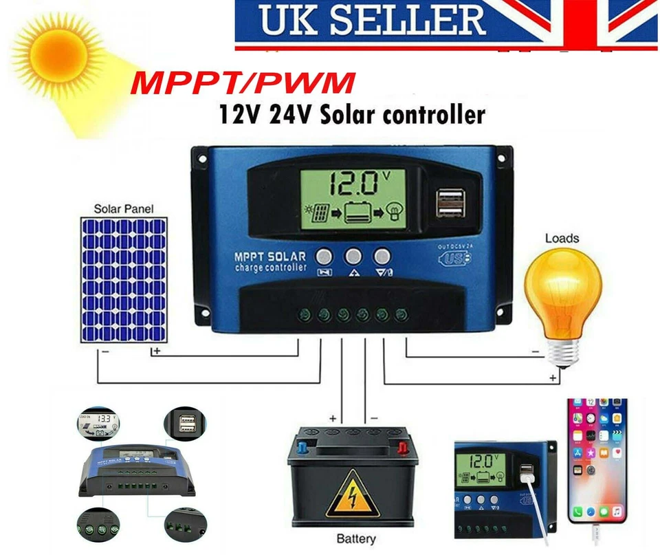 Regolatore batteria carica solare 10/40/60/100A MPPT PWM regolatore pannello doppio USB - Immagine 1 di 4