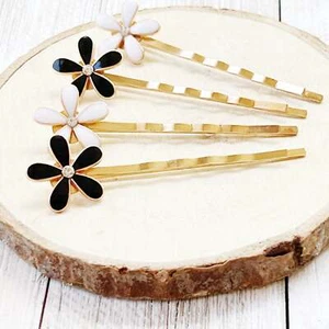 Black & White Flower Hair Pins Bridal Hair Pin Set Wedding Hair Jewelry Bride Fl - Picture 1 of 5