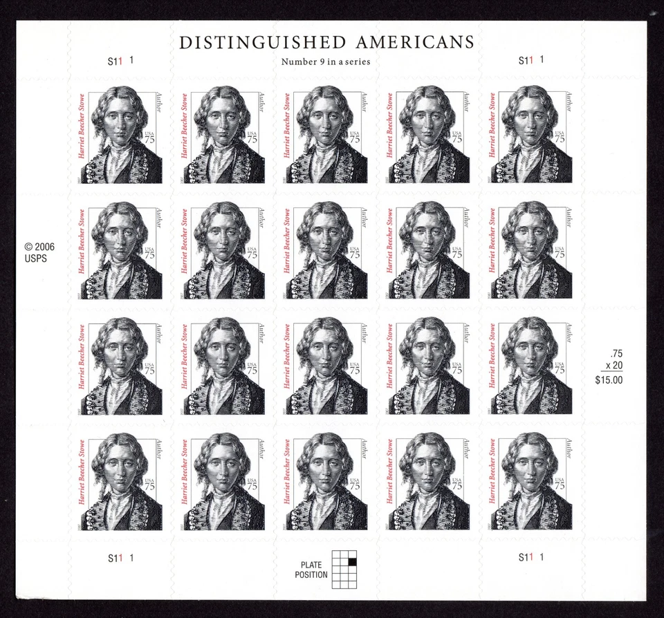 Scott #3430 — 75¢ Harriet Beecher Stowe hoja completa de 20 estampillas - MNH Foto 1 de 1