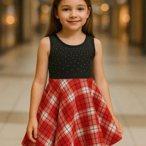 Vestido de fiesta Justice para niñas lentejuelas brillantes corpiño rojo falda a cuadros vacaciones talla 8 - Imagen 1 de 8
