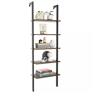 5-Tier Ladder Shelf Wood Wall Mounted Bookshelf W/Metal Frame Display Shelf - Picture 1 of 12