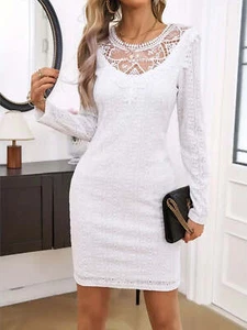 Women's Dress- Lace Detail Round Neck Long Sleeve Mini Dress - Picture 1 of 6