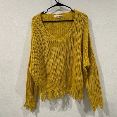 Young Fabulous & Broke YFB Yellow Knit Chewed Hem Distressed Sweater Size S/M - Image 1 of 4