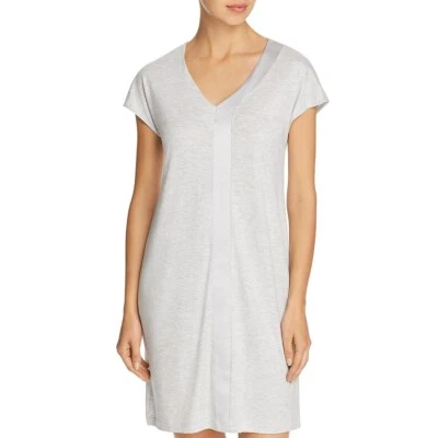 Hanro ELARA Soft Grey Melange Cotton Modal Knit Silk Trim Cap Sleeve Gown - S - Image 1 of 4